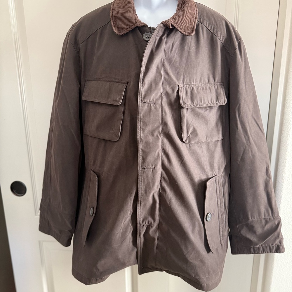 Men's Brown London Fog 3/4 Length Water Resistant Jacket with Corduroy Collar